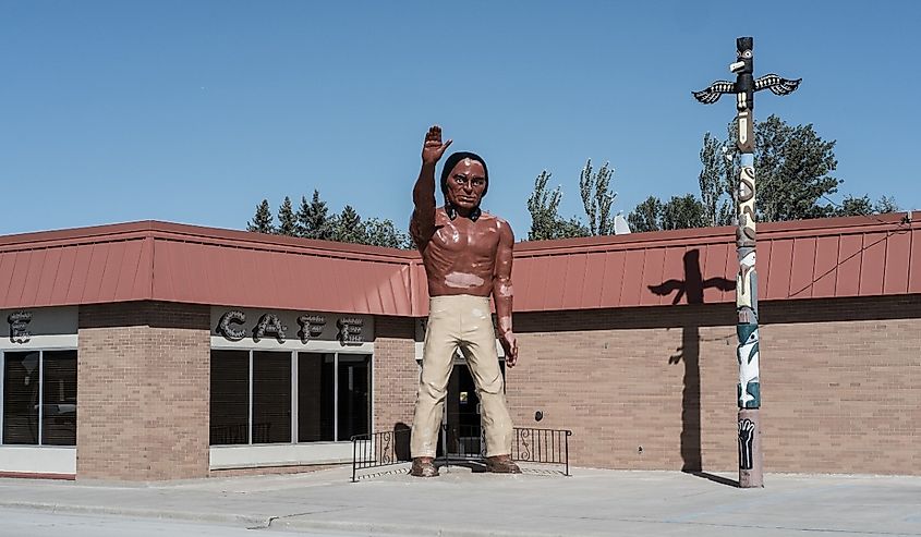 1965-vintage 24-foot tall fiberglass Indian statue stands in front of the Chieftain Motel and cafe along state highway 281, Carrington, North Dakota.