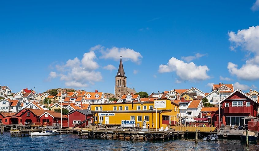  Cityscape from harbour with Fjallbacka church (Fjällbacka kyrka) on the Swedish West Coast.