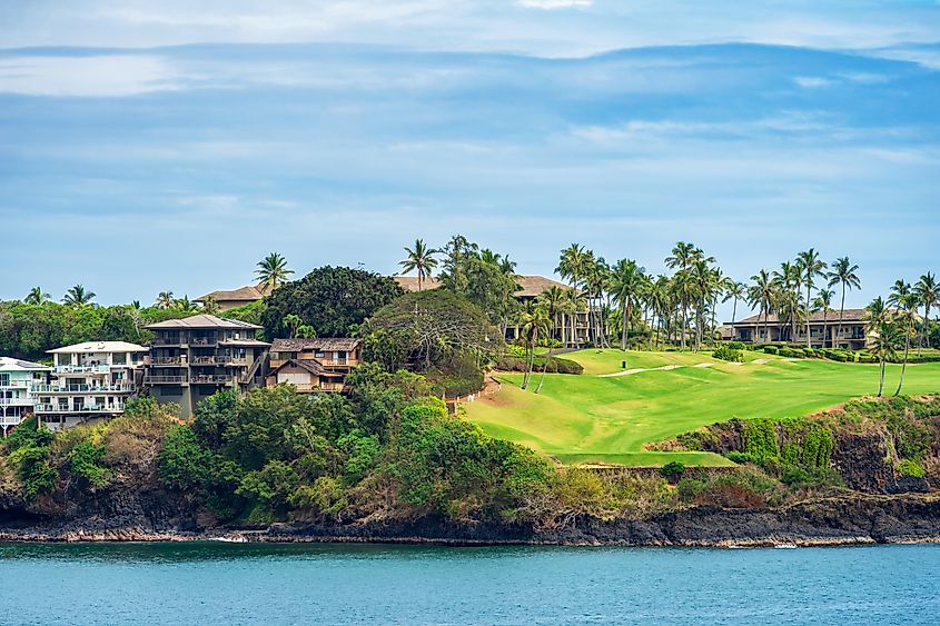 Buildings and a golf course lined with palm trees in Lihue on the island of Kauai, Hawaii, with a tropical landscape under clear skies
