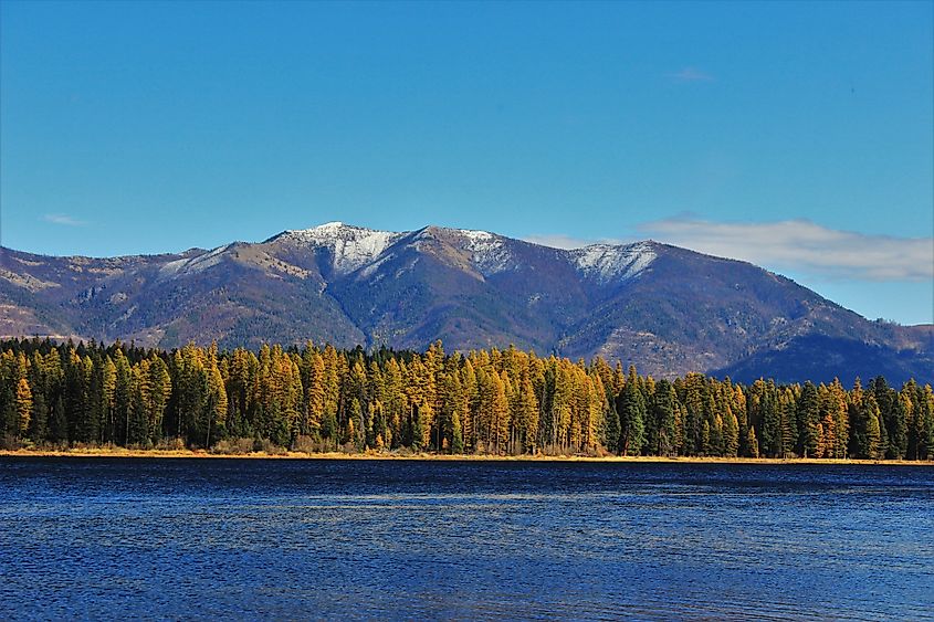 Seeley Lake in Montana during fall, with vibrant autumn foliage surrounding the calm waters and picturesque mountain backdrop.