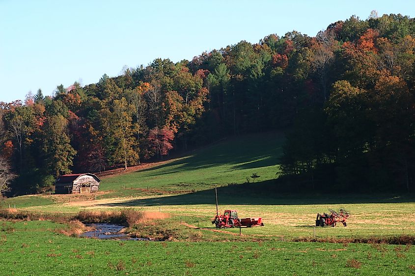 Old barn and working farm near Barn in field with a touch of fall near Ellijay, Georgia