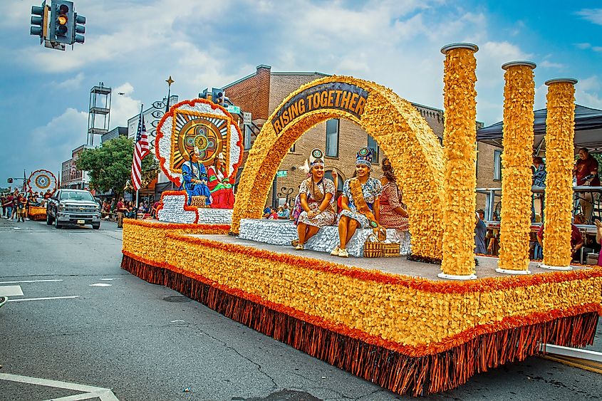 Native American Cherokee float in Main Street in Tahlequah, Oklahoma, during a parade.