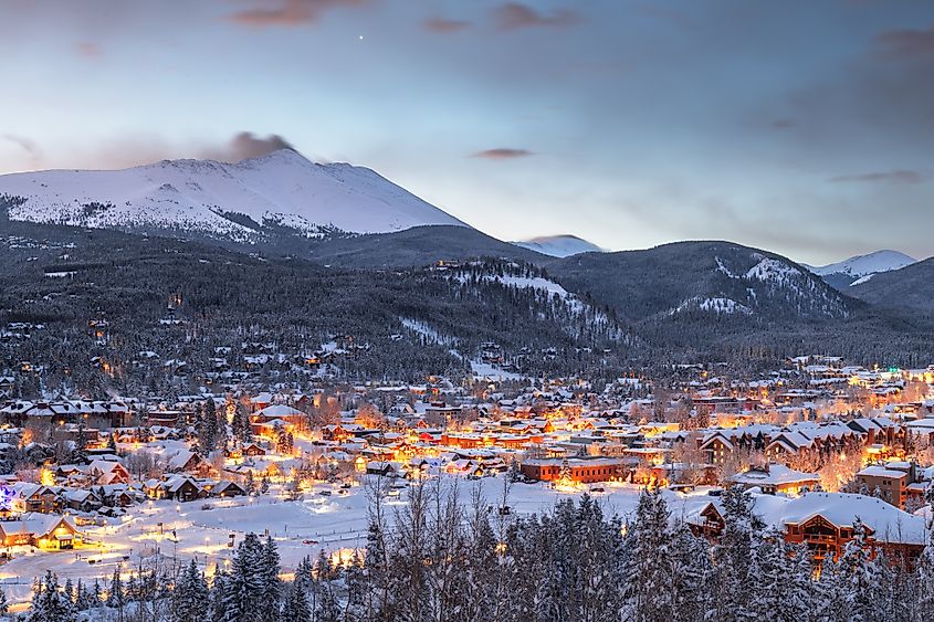 The town skyline of Breckenridge, Colorado, at dawn in winter