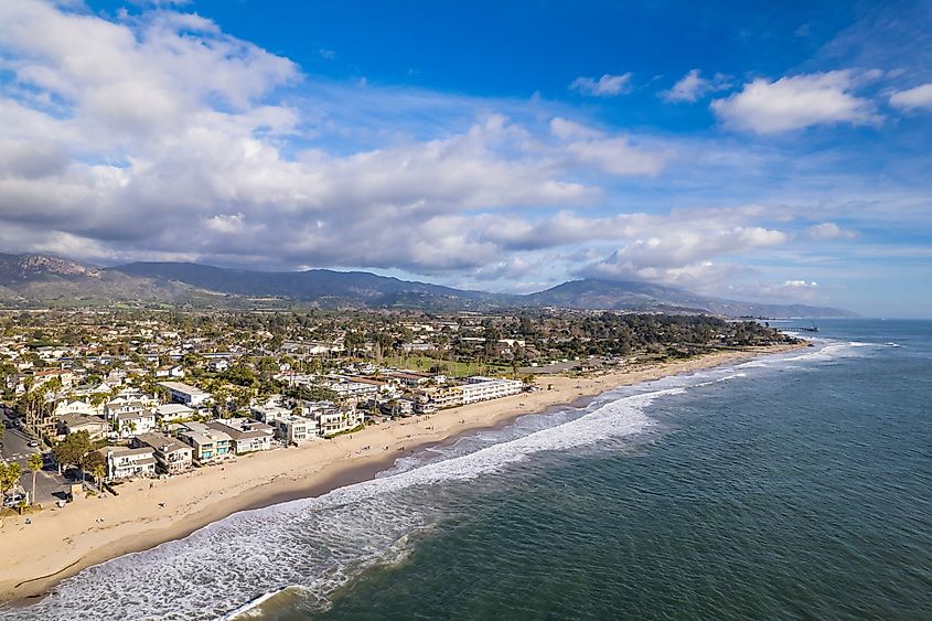 Aerial photo of the Carpinteria coastline in California, showcasing the scenic beach and adjacent areas.