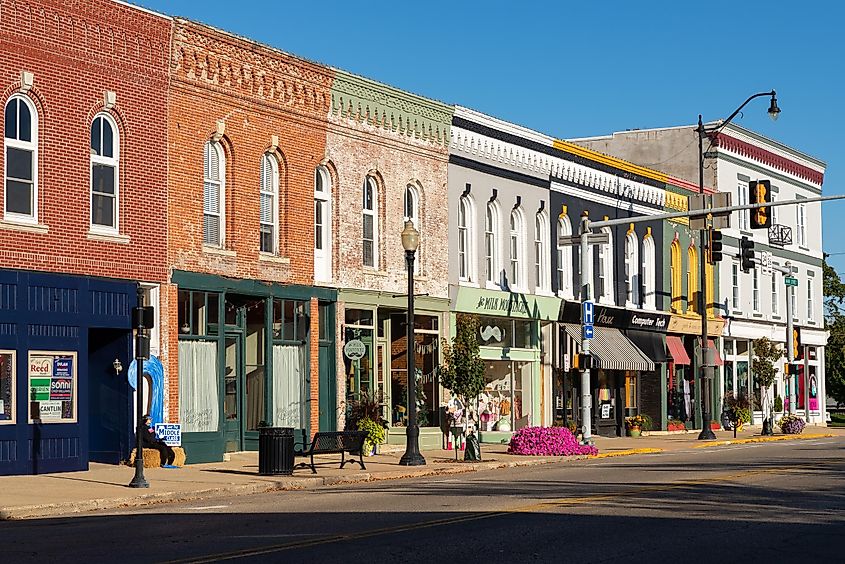Colorful old brick buildings and storefronts in downtown Princeton, Illinois, USA.
