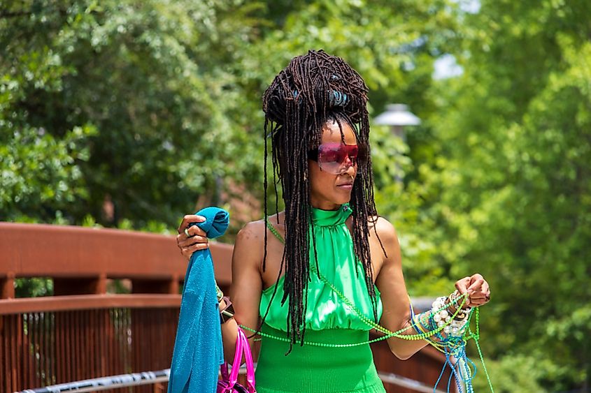 A woman with a creative outfit on a bridge in Athens Georgia USA. Image Credit Marcus E Jones via Shutterstock.