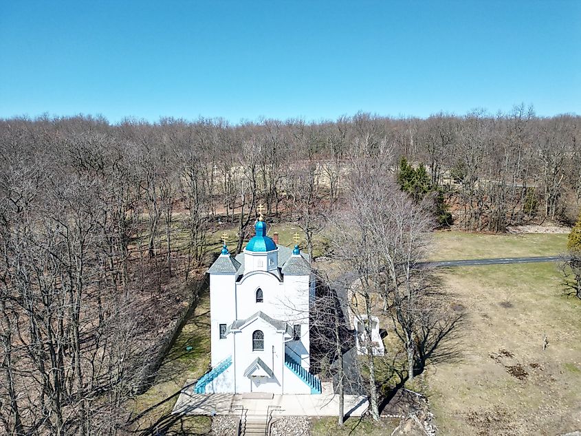 Aerial photo of a historic church in Centralia, Pennsylvania. 