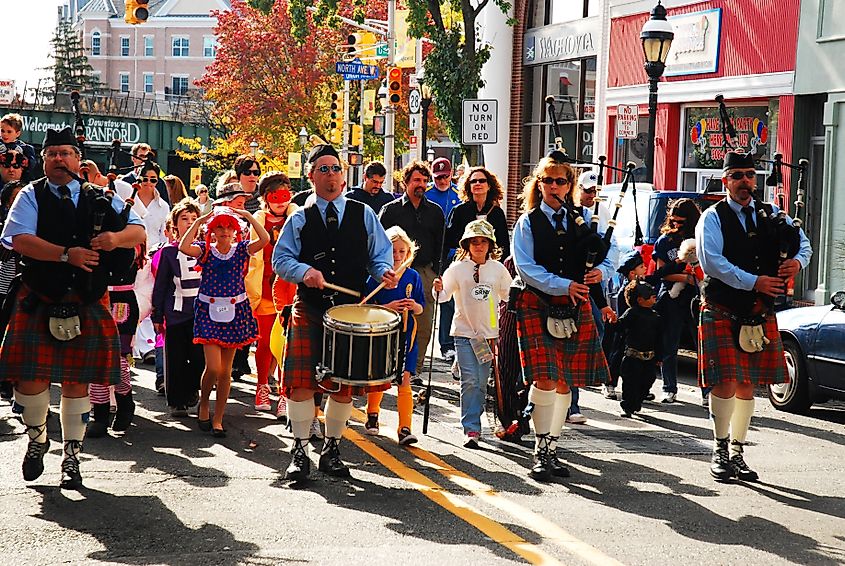 Parade turns off North Avenue in Cranford, New Jersey.