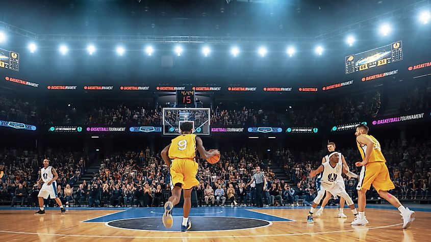 Basketball Player Running to Score an Impressive Two-Point Goal.