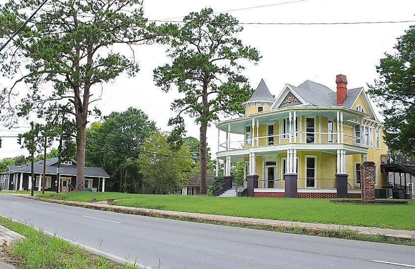 Historic home with a pine tree in the yard in Opelousas, Louisiana, USA.