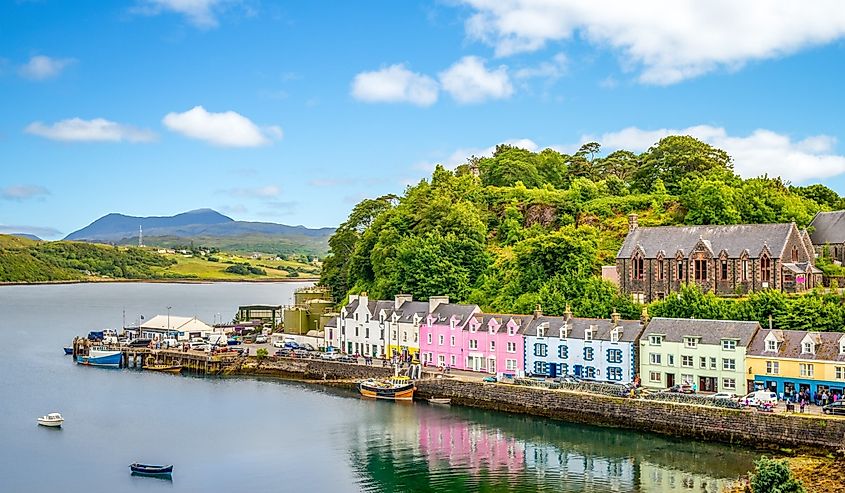 Landscape of the Portree Harbor in Scotland, UK