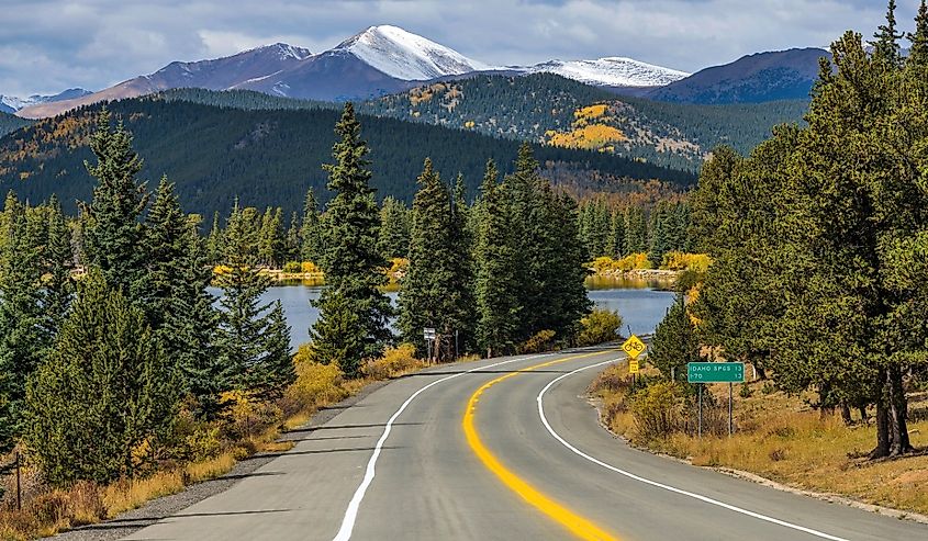 An Autumn day view of Mt. Blue Sky Scenic Byway at Echo Lake, Colorado.