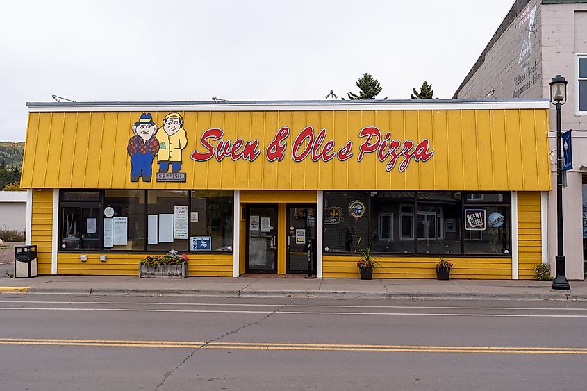 Famous Sven and Oles Pizza restaurant in the downtown area of Grand Marais, Minnesota