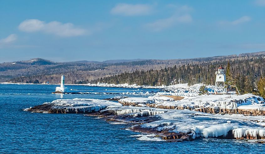 Grand Marais Lighthouse, Minnesota on Lake Superior in winter