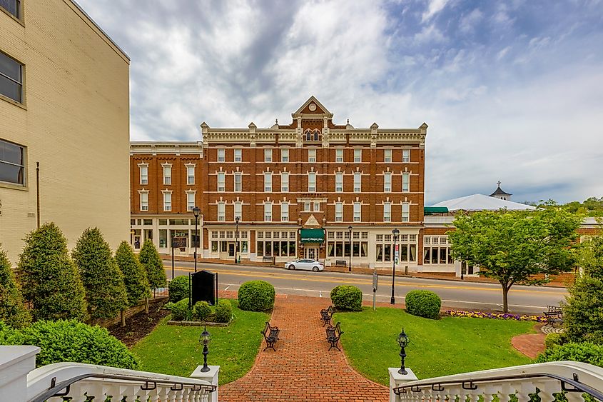 The historical district of Greeneville, Tennessee, featuring the General Morgan Inn, originally built as the Grand Central railroad hotel in 1887.