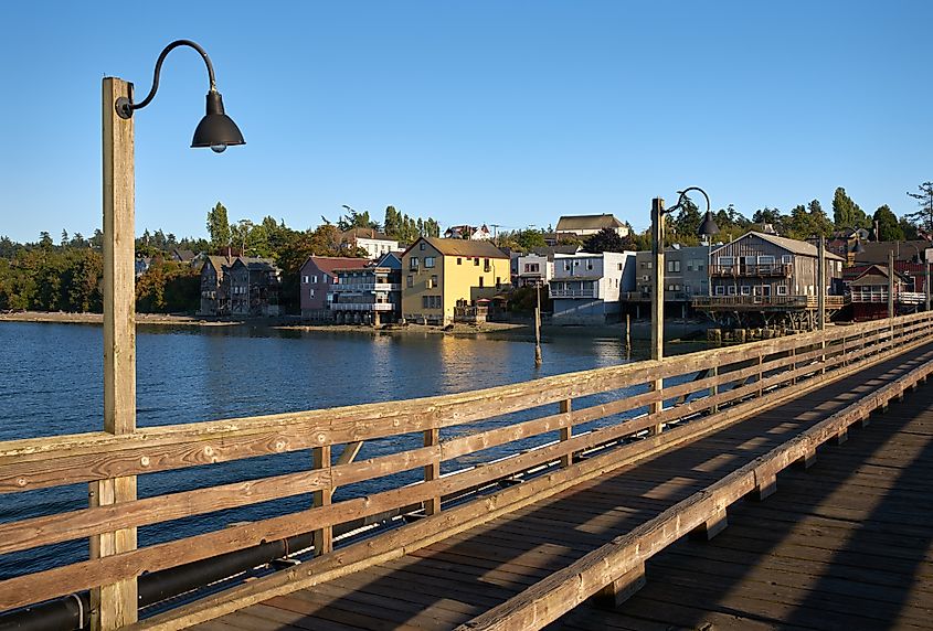 View of Coupeville, Washington from the old wooden pier over Penn Cove