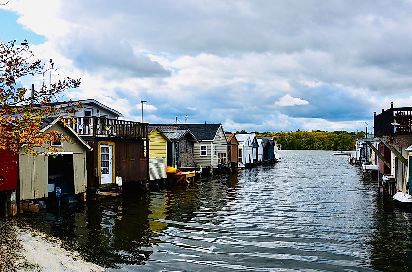 Historical boathouses on Canandaigua Lake, New York.