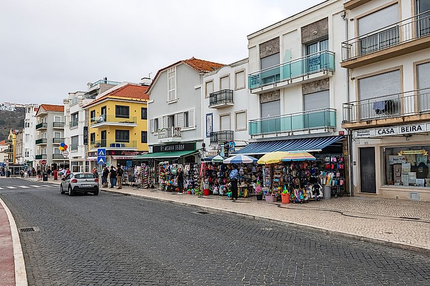 Storefronts in the Praia neighborhood of Nazaré, Portugal.