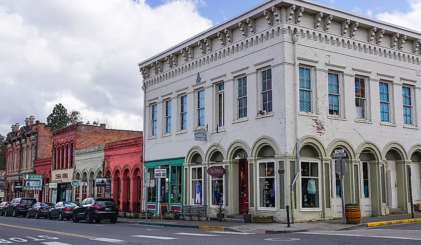 Downtown Historic District brick buildings with 1874 Masonic Lodge in Jacksonville, Oregon.