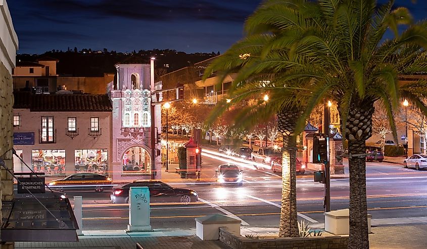 Overlooking downtown San Carlos, California at night.