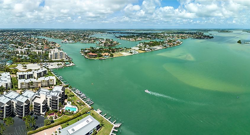 Aerial view of the coastline of Marco Island, off the Gulf of Mexico in Southwest Florida.