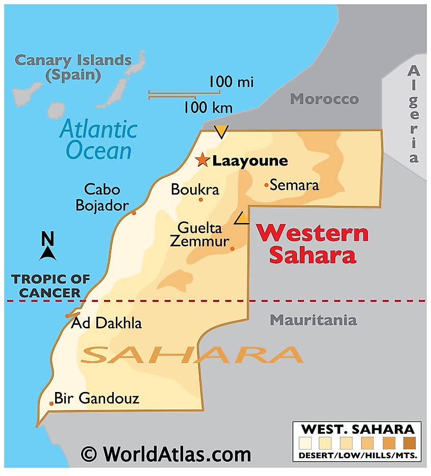 Physical map of Western Sahara showing desert covering most of the territory.