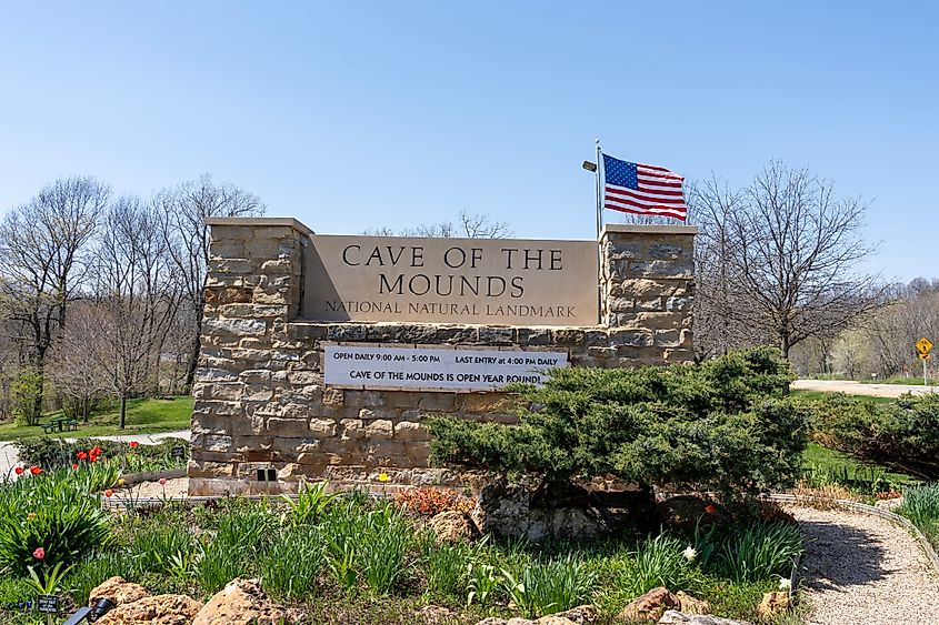 The sign of Cave of the Mounds, a National Natural Landmark is shown