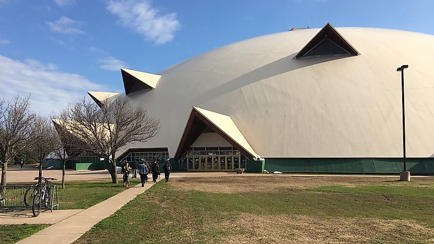 Students walk in front of the Superior Dome in Marquette, Michigan