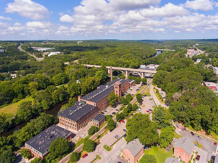 Aerial view of Ashton Mill and George Washington Bridge over the Blackstone River between Cumberland and Lincoln, Rhode Island, USA.