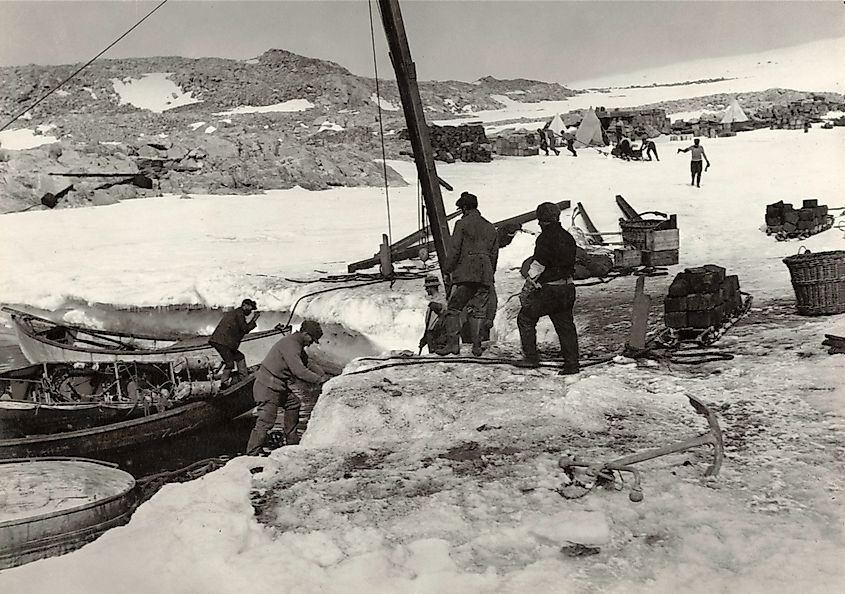 Unloading supplies at the Cape Denison, Commonwealth Bay, Antartica.