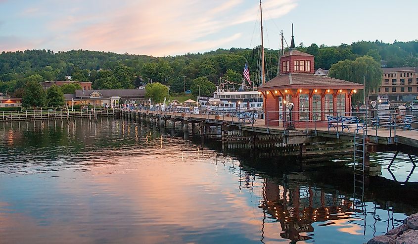 Reflection and pier on Seneca Lake in Watkins Glen, New York.