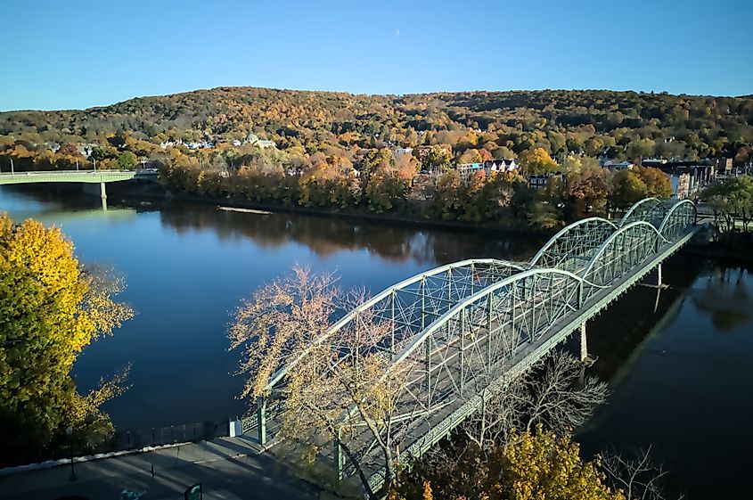 Binghamton, New York (aerial view, from above, looking down at the Susquehanna river).