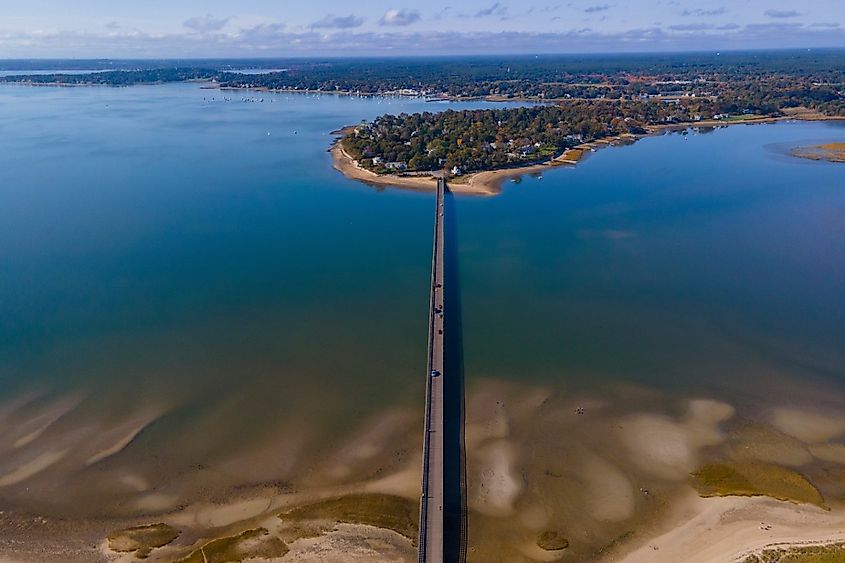 Powder Point Bridge aerial view connects Long Island and Duxbury in town of Duxbury, Massachusetts .