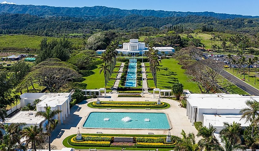 Aerial view of the Laie Hawaii Temple of the church of the latter-day saints on Oahu