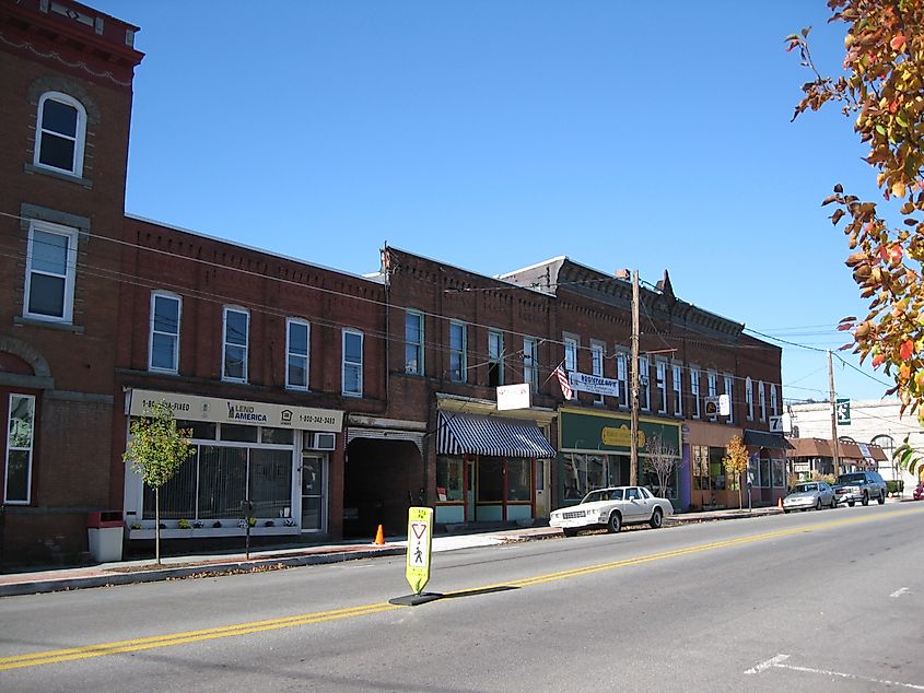 Old buildings line Main Street in Hawley, Pennsylvania.