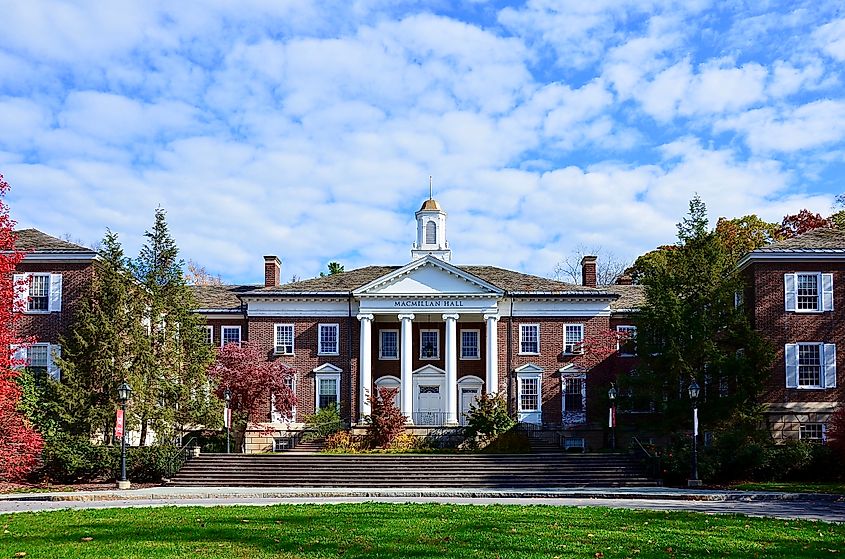 Macmillan Hall, built in 1930, at Wells College campus in Aurora, New York, USA. This private liberal arts college offers cross-enrollment with Cornell University and Ithaca College.