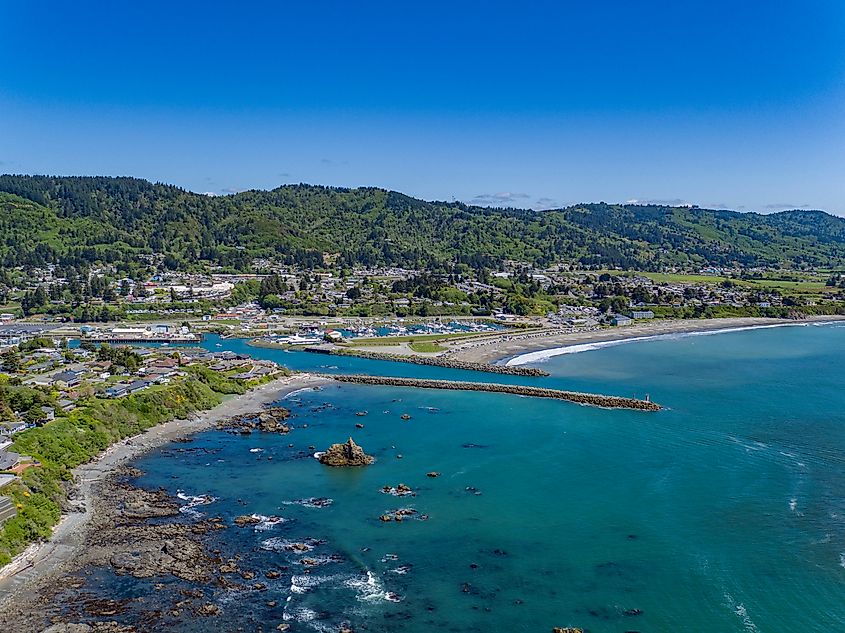 Aerial Drone Photo Overlooking Brookings, Oregon and the Pacific Ocean on a sunny day