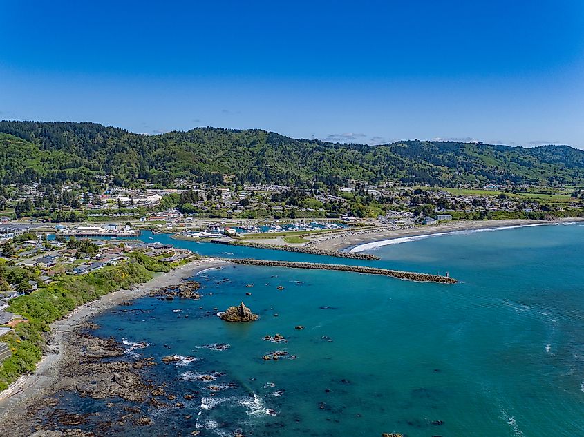 Aerial Drone Photo Overlooking Brookings, Oregon and the Pacific Ocean on a sunny day.