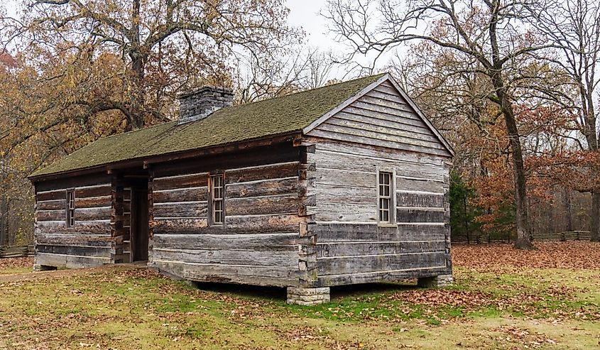 Log cabin marks the site of Grinder’s Stand where Meriwether Lewis died while traveling on the Natchez Trace in Tennessee.