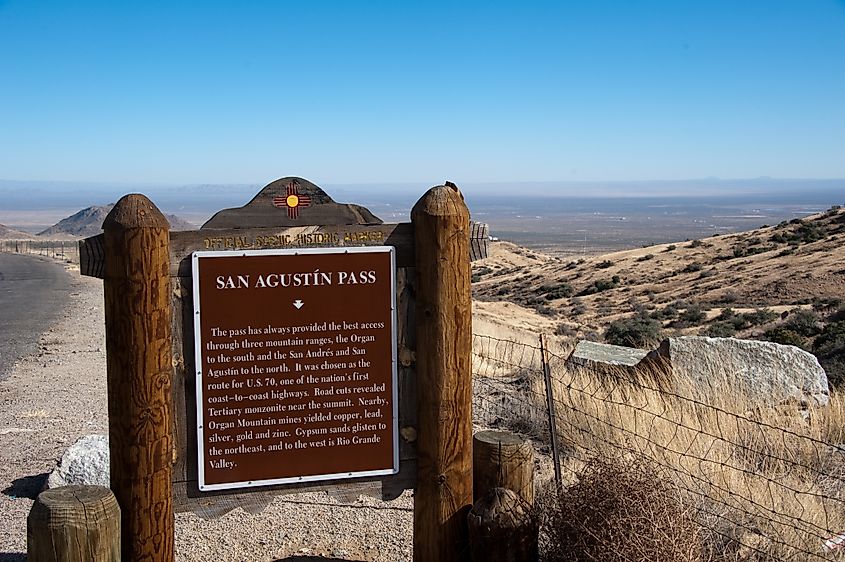 San Augustin Pass historical marker at the San Augustin Pass Overlook on U.S. 70 in the Organ Mountains near Las Cruces, New Mexico