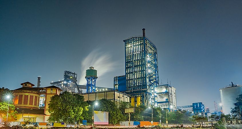 Steel plant with the chimney at night from Jamshedpur, Jharkhand, India.