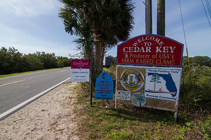 Cedar Key, Florida, USA - Welcome sign.