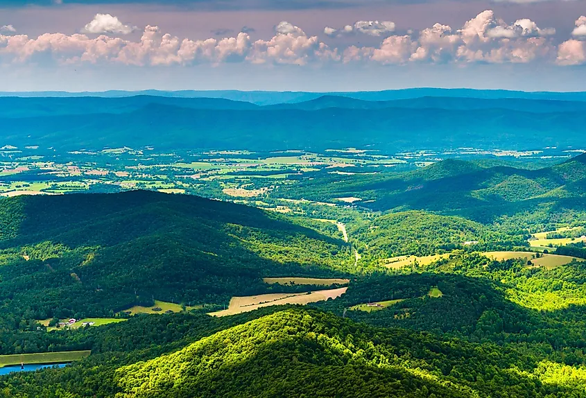 Clouds cast shadows over the Appalachian Mountains and Shenandoah Valley, seen from Shenandoah National Park, Virginia. I