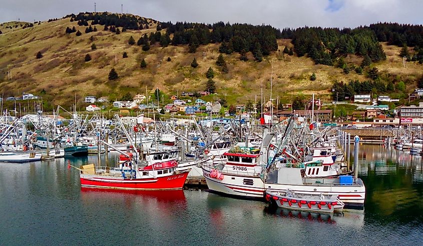 Fishing boats dot the harbor area in Kodiak, Alaska in spring.