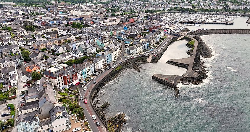 Aerial view of residential homes and townhouses in Bangor, a coastal town on the County Down coastline in Northern Ireland.