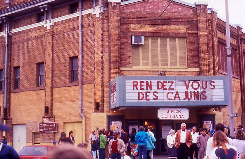 Crowd gathered outside the Liberty Theater in Eunice, Louisiana, during the Rendezvous des Cajuns event.