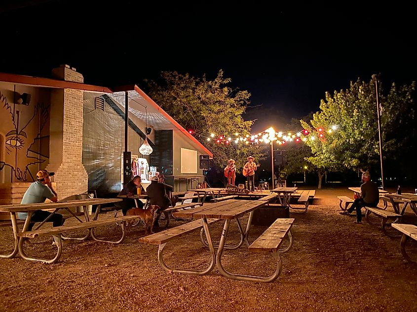 A folk duet wearing cowboy hats place to a small outdoor venue under the night sky.