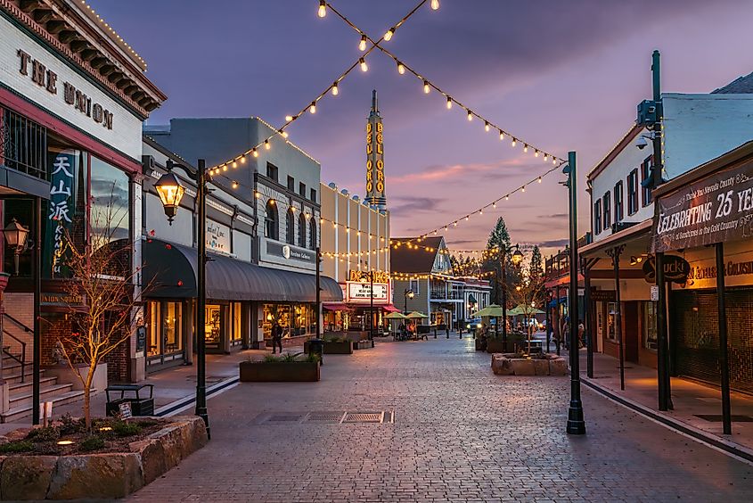 The Plaza on Mill Street at dusk Grass Valley, CA