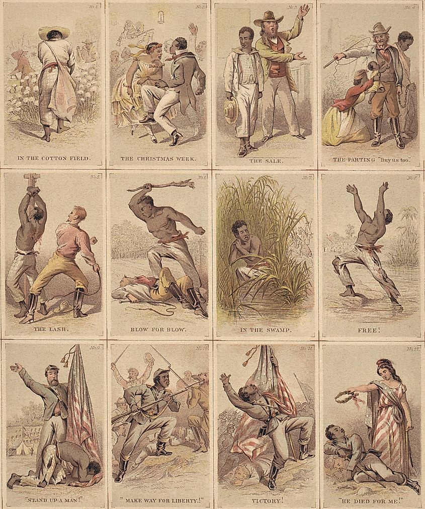 Twelve illustrated cards narrating the journey of a slave from plantation life to the struggle for liberty, for which he gives his life, as a Union soldier during the Civil War. Ca. 1863
