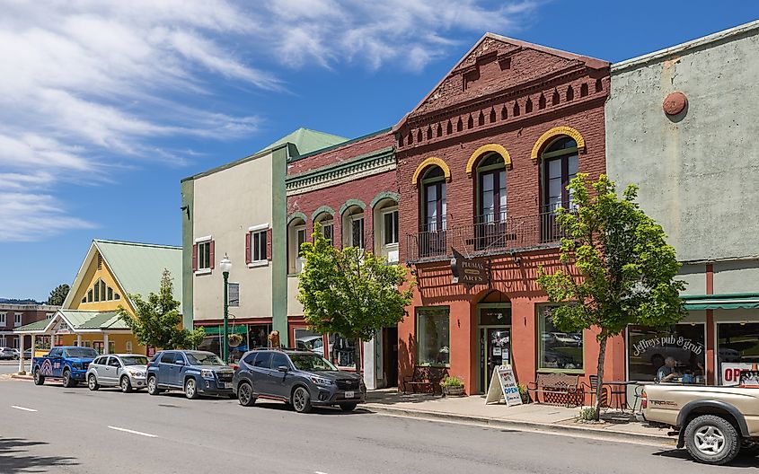 Main street in Quincy, Plumas County, California, lined with shops and buildings